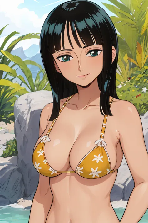 (Obra maestra),La mejor calidad,asombroso,Detalle fino.Profundidad de campo,hermosos ojos detallados, Nico Robin, 1girl,hembra madura,feliz,sonrisa ligera, bikini, barriga, breasts