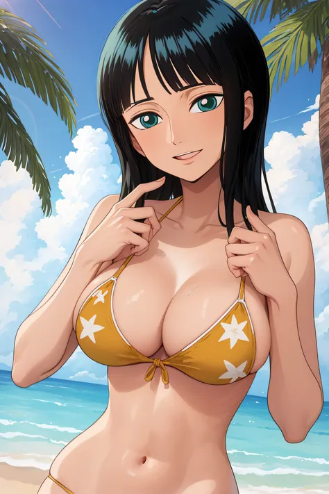 (Obra maestra),La mejor calidad,asombroso,Detalle fino.Profundidad de campo,hermosos ojos detallados, Nico Robin, 1girl,hembra madura,feliz,sonrisa ligera, bikini, barriga, breasts