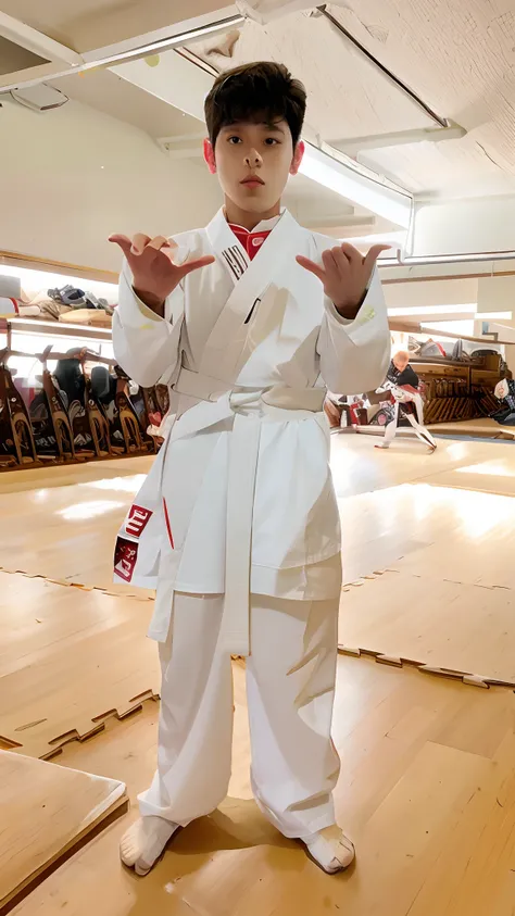 Theres a boy in a karate suit posing for a picture, karate outfit, vestindo um gi branco, uniforme branco, faixa branca, Estilo Kim Jung Gi, Estilo Kim Jung Gi, vestindo vestes brancas!, em um dojo, posando pronto para uma luta, Karate, competition winning...