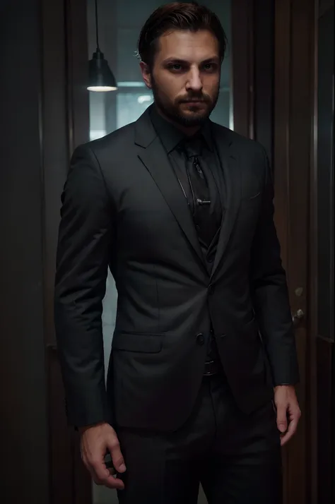 (man wearing black suit without tie), ), (wearing beard,) attractive and serious look, short dark hair, stylish and elegant, sha...