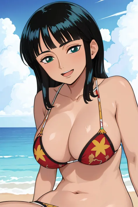 (Obra maestra),La mejor calidad,asombroso,Detalle fino.Profundidad de campo,hermosos ojos detallados, Nico Robin, 1girl,hembra madura,feliz,sonrisa ligera, bikini, barriga, breasts