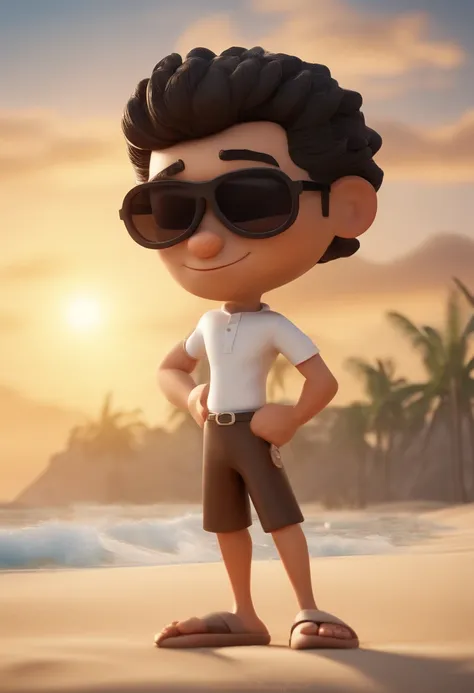 Cartoon character of a skin man with black and grow hair and a white shirt, and black sunglasses with a beach in the back, playing volleyball, animation character, Caractere estilizado, animation style rendering, 3D estilizado, Arnold Maya render, 3 d rend...