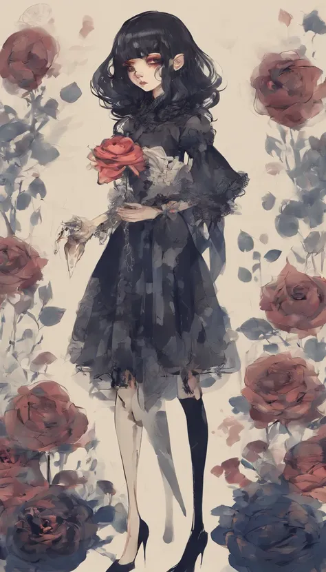 A doll like girl with child like proportions and a lifeless yet dazzling eye the other eye is covered with a flower shaped eye patch. She wears a black dress adorned with navy blue roses. She looks up at you curiously