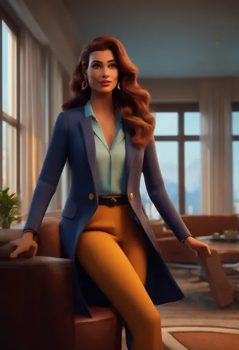 Personagem de desenho animado 3D dentro um apartamento de luxo, Dress with blazer and tailored pants, pele morena, alto, cabelo liso e barba, estilo personagem PIXAR