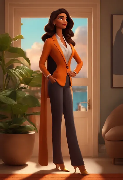 Personagem de desenho animado 3D dentro um apartamento de luxo, Dress with blazer and tailored pants, pele morena, alto, cabelo liso e barba, estilo personagem PIXAR