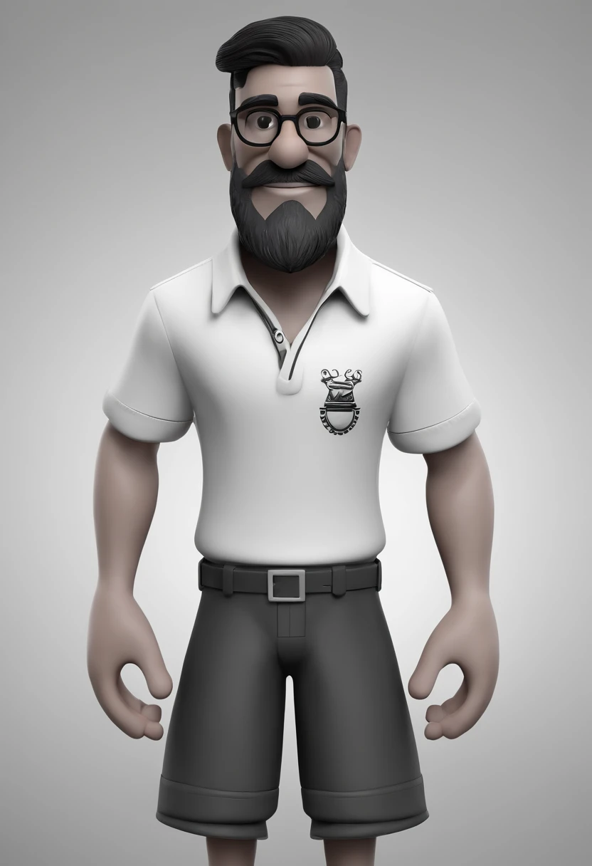 Cartoon character of a man with black glasses and a black polo shirt, cabelo liso, With beard and old school tattoo on his arm, animation character, Caractere estilizado, animation style rendering, 3D estilizado, Arnold Maya render, 3 d render stylized, to...