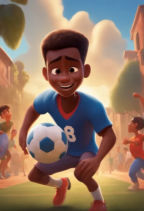 Pixar film cover, boy in dark blue shirt with short hair and dark skin playing football