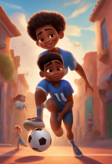 Pixar film cover, boy in dark blue shirt with short hair and dark skin playing football