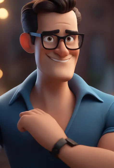 Cartoon character of a man with black glasses and a blue shirt, animation character, Caractere estilizado, animation style rendering, 3D estilizado, Arnold Maya render, 3 d render stylized, toon render keyshot, Personagem 3D, Personagem 3D, 3d rendering st...