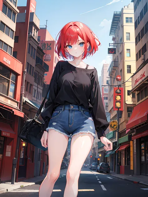 1girl, short Red hair, blue eyes, wearing plain black shirt, denim shorts, city, absurdres, high res, ultrasharp, 8K, masterpiece, looking at viewer