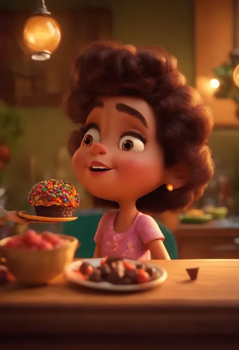 (a vibrant lighting,3d,pixar:1.2)  Disney hungry girl eating a chocolate brigadeiro