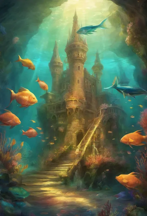 five mermaids swimming at the bottom of the sea, with many fish, a castle at the bottom of the sea, sea plants.