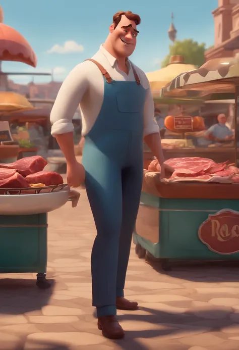 Créez un personnage de style pixar man serving a meat rotation