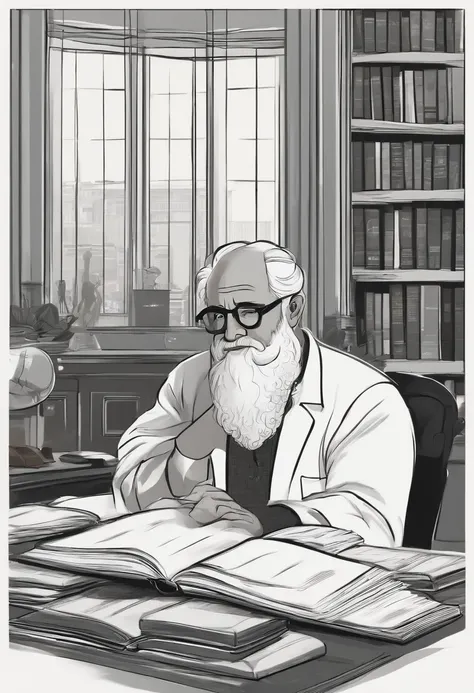 velho, inspirado na Disney Pixar, Inspirado pelo pastor ( Rubens Janeiro ) A bald man with an all-white beard in an office with a book on the desk looking to the serious future, old man, cabelos grisalhos, um terno