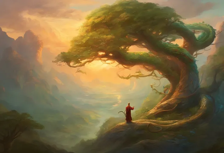 a small snake coiled around the branch of a tree and a monk beneath it talking