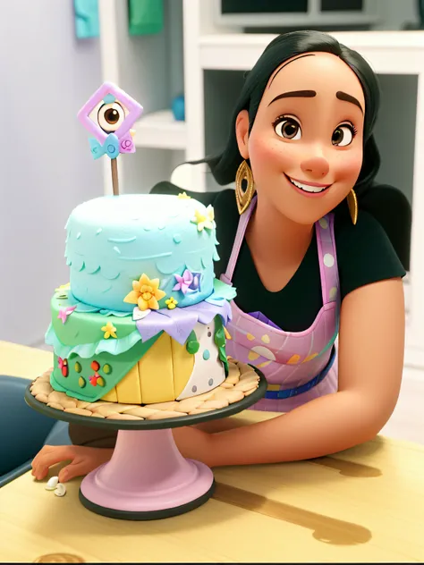 Uma mulher estilo disney pixar,morena iluminada,clara,sombrancelha fina,sorriso com covinha,na frente de uma mesa, com seu bolo, e no fundo uma confeitaria, qualidade melhor, alta qualidade.