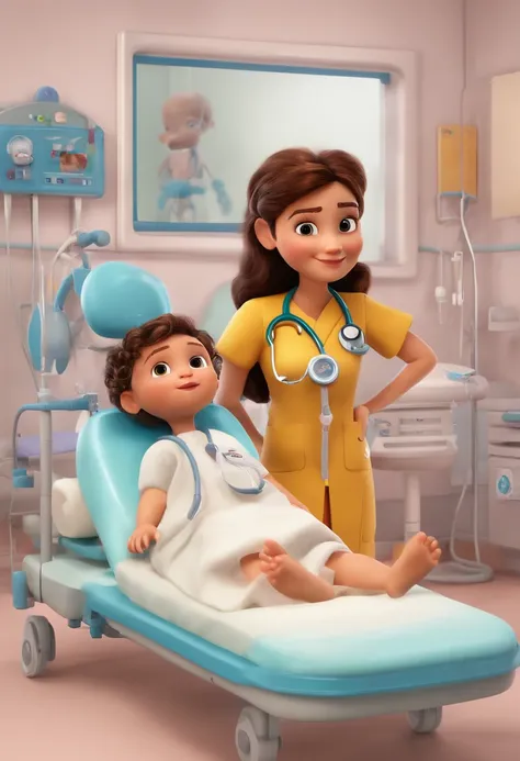 Em um hospital, com um desfibrilador, indicating paediatric resuscitation. childrens/ Disney Pixar Style Babies. 5 Doctor Characters, de jaleco, meninas. Cores mais amarelas e rosas. Titulo: resuscitation workshop with LAPED.