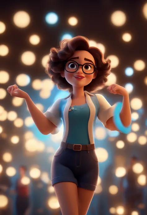 Pixar style image with 3D character white glasses brunette woman short curly hair dancing, Maquiagem Disney,Pescador, bonitinho, sorridente ,Close-up, Pixar, Disney, Cinema lighting,