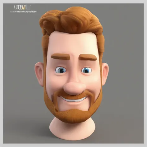 Criar um personagem no estilo Pixar. Trata-se de um homem de 30 anos, com barba, Branco, com cabelos castanhos curtos e um quiff, e olhos castanhos. Ele deve estar na frente de um computador, Trabalhar como designer