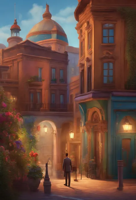 A city councilman looking at a dream project inspired by Pixar animation, de perto. The character takes center stage with captivating facial expressions, oferecendo um toque de irrealidade