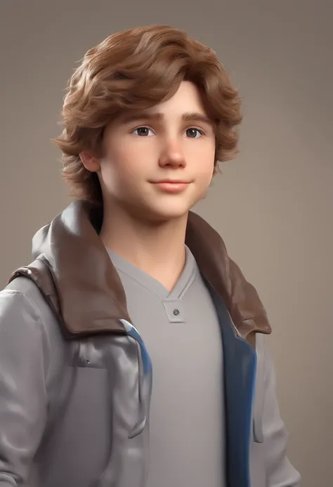 A translation of your previous message would be: "Boy with light brown wavy hair and brown eyes, using the computer."