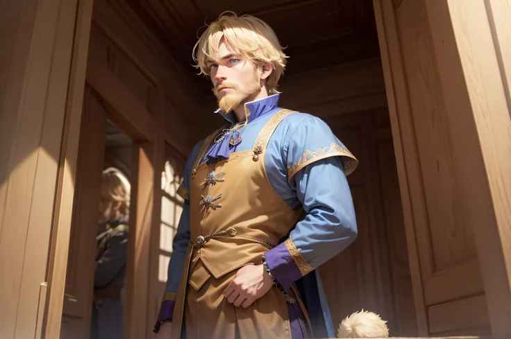 a shaggy, blond-haired nobleman with a short beard and bluish clothes