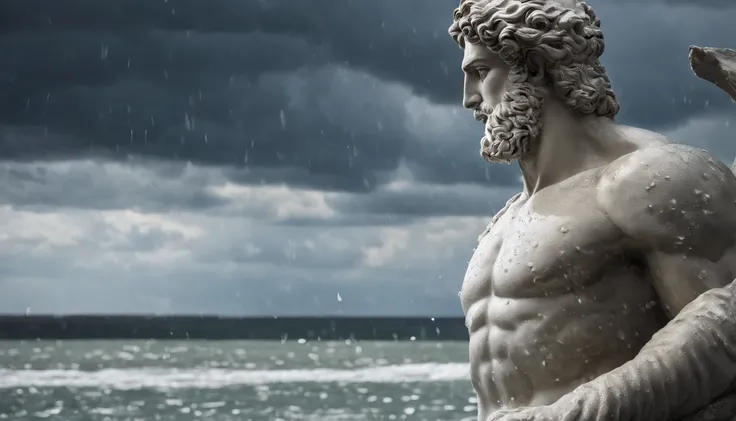 Statue Greek stoic man with a strong and robust body, similar to the ancient statue of Zeus, wet with water on the body, white and silver eyes, sea landscape background,
sea ​​water splashing on the statue looking like it is wet, rain effect, rays passing ...