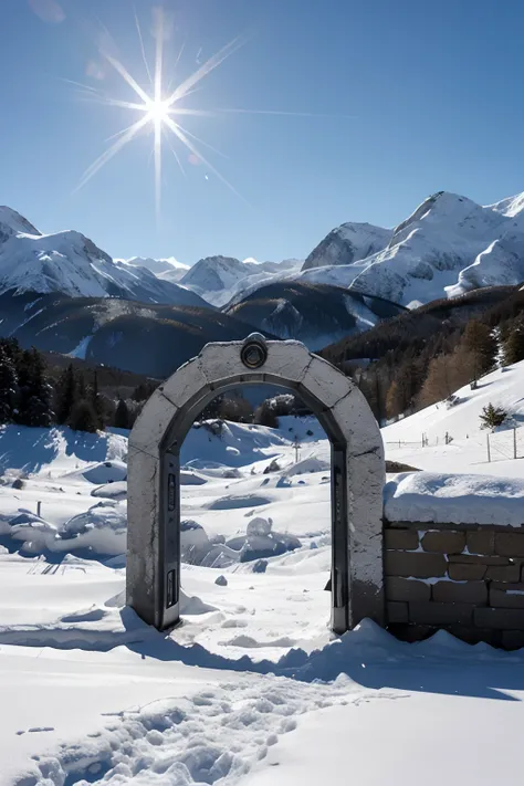 Ultradetailed, realistic, stargate en la nieve, 8k, Background Mountains, sol