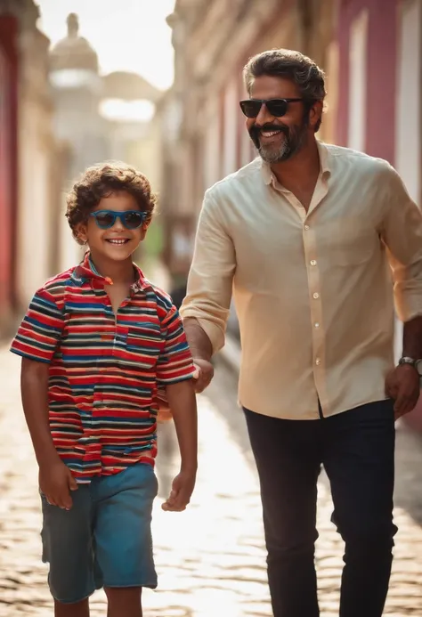 Menino Zequinha de cabelo castanho claro, sorridente, olhinhos apertados, hugged with his father Paulinho in a cap and Ray ban glasses, usando barba curta, sorrindo