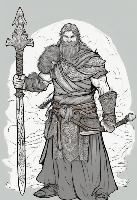 homem guerreiro, de perfil, with spear in hand, barba comprida, cabelo amarrado em um coque, viking, musculoso, alta qualidade, melhor qualidade, lineart