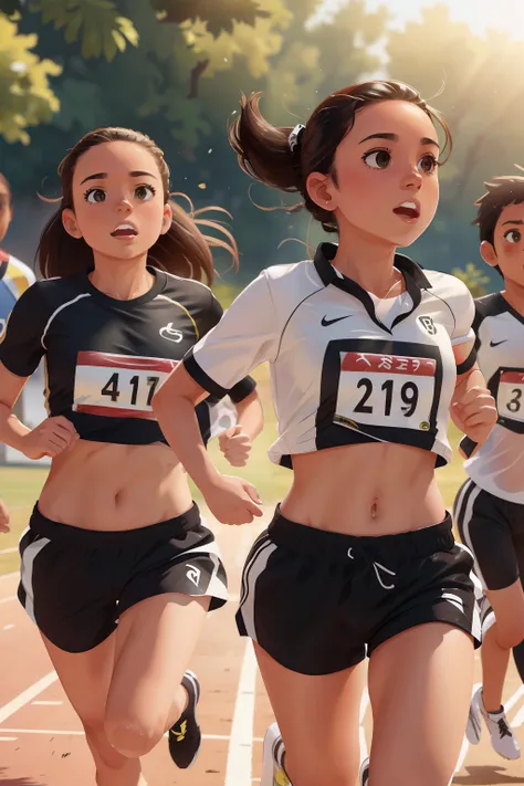 Beautiful white brunette brazilian woman with tied hair running with black shorts and white shirt and with number on chest and background several athletes running