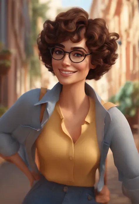 Um garoto feliz, Short hair with curls and glasses, usa uma camisa azul , , fundo branco, barnet, Tom, Estilo Pixar, ......3d, desenhos animados, rosto detalhado, Asymmetrical 16