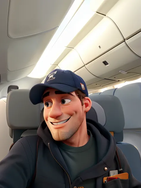 A man in a cap smiling inside an airplane