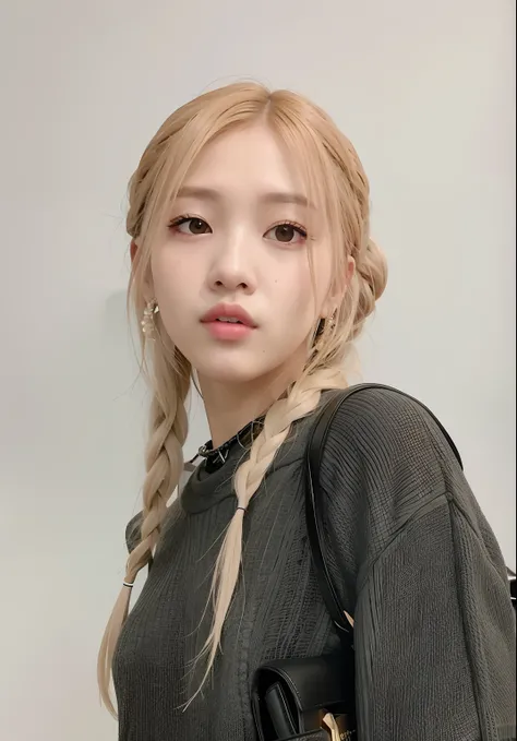 Mujer araffe con el pelo largo y rubio y un bolso negro, Retrato de Jossi de Blackpink, Parque Roseanne de Blackpink, portrait of female Korean idol, Jossi de Blackpink, Retrato de Kpop Idol, peinado de coletas, cabello rubio con coletas, Dos coletas peina...