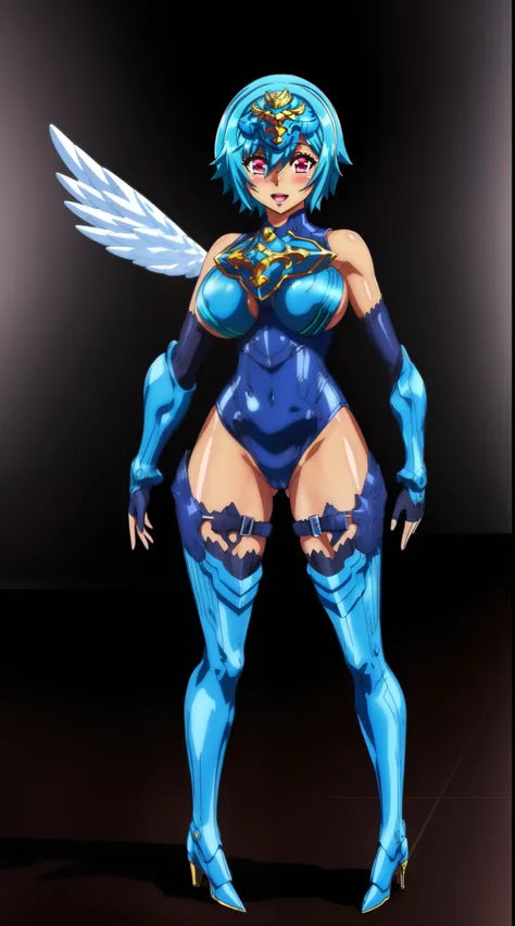 sandalphon (the seven heavenly virtues), masterpiece, best quality, 1girl, solo, short hair, blue hair, red eyes, blush, wings, open mouth, armor, gloves, head wings, full body, boots, white body suit, smile, big breast, tall, latex suit