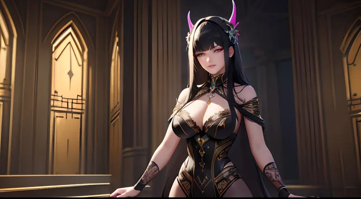 A girl from the Helluva Boss and Helltaker universe, with beautiful detailed eyes and lips, standing in a vibrant garden filled with exotic plants and flowers. She is dressed in a stylish and unique outfit, complementing her confident and powerful aura. Th...