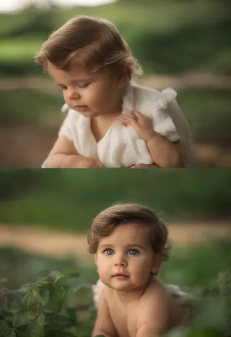 menino: Miguel, aproximadamente 3 anos de idade, cabelo curto estilo Disney, olhos castanhos e sorrisos. garota: Giovana, 27 anos, longos cabelos loiros e olhos verdes. scenecy: Miguel and Giovana are in a cozy little house in the valley, ao fundo um dia e...