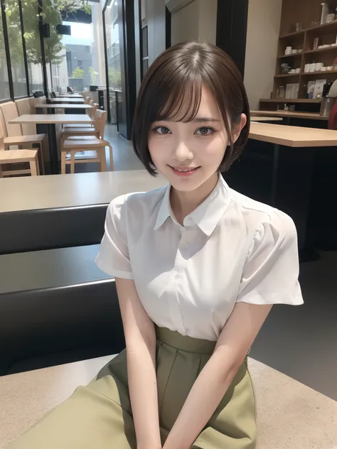 (8K、Raw photography、top-quality、​masterpiece:1.2)、(reallistic、Photorealsitic:1.37)、The ultra -The high-definition、1 girl in、cute little、独奏、Beautiful sky、Detailed Cafe、natta、Sitting、date、(natural make up)、(A smile:1.1)、(Closed)、Colossal tits、beautidful eyes...