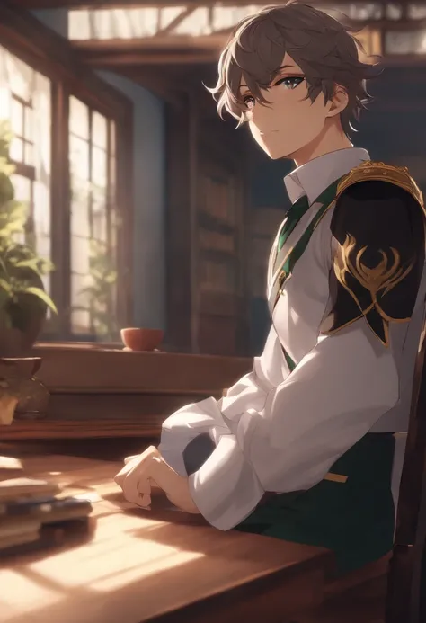 Genshin Ray leans against the table in his school uniform