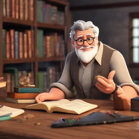 Crie um cartaz inspirado na Disney Pixar com o personagem sendo o pastor Rubens Janier, A gray-haired man wearing glasses, in an office with a Bible on the table