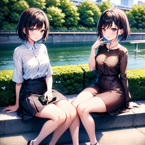 Two Japan women taking photos in a park on the Sumida River in Japan、She was a 27-year-old woman with loose, fluffy short hair and small breasts、One is a 31-year-old woman with small breasts and a dark brown lob...The two are having fun、small tits、Small、di...