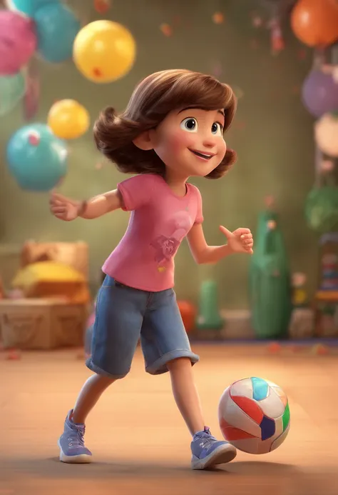 3d disney pixar poster of an 8 year old medium brown hair girl playing ball