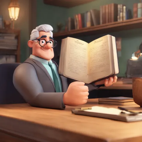 Crie um cartaz inspirado na Disney Pixar com o personagem sendo o pastor Rubens Janier, A gray-haired man wearing glasses, in an office with a Bible on the table