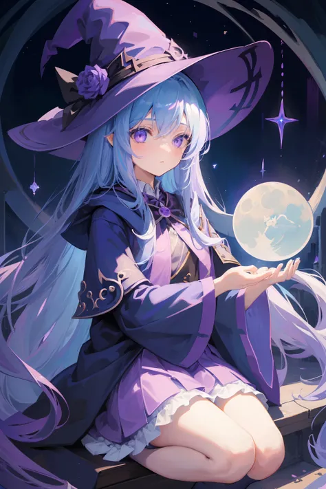 1 girl in、Light blue long hair、half up、(Purple eyes)、witchs hat、Harry Potter robes、Knee-length skirt、Drawn from diagonally in front、Looking at the camera、Stuffed cat、fullmoon、Castles、Using magic、Light on the hand、(High resolution of the highest quality)、((...