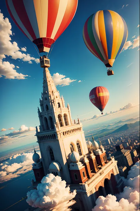 hot air balloon，beautiful sky，high place，