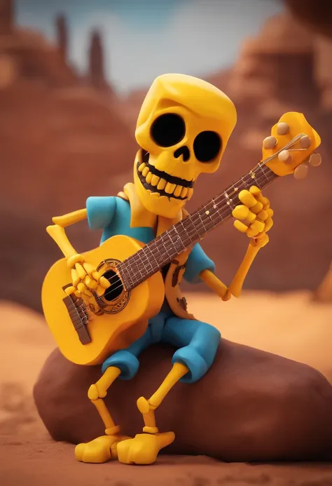 crie um banner no estilo Pixar.  A yellow skeleton from the game brawl stars playing a song on the guitar with 7 strings