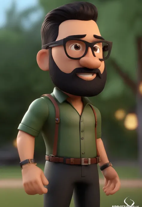 Cartoon character of a man with black glasses and a black polo shirt, cabelo liso, With beard and old school tattoo on his arm, animation character, Caractere estilizado, animation style rendering, 3D estilizado, Arnold Maya render, 3 d render stylized, to...