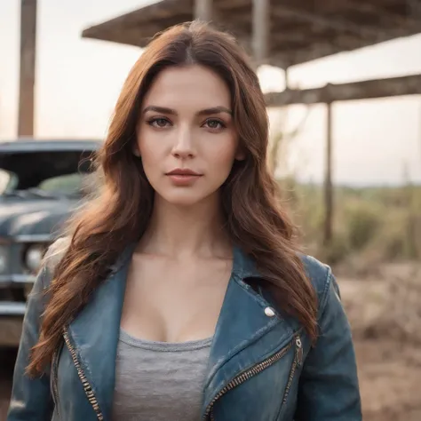 Portrait image of a young, Woman with large breasts, Dressed in a trendy denim crop top and leather jacket, posing gracefully in the middle of the desolation of a dystopian environment, filled with abandoned cars and overgrown vegetation. The photo shows o...