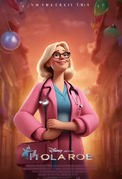 a poster for Pixars Disney-style 3D film with an adult woman, 28 years old, white, cheerful, long blonde hair, thin, with glasses, doctor, with a stethoscope, in a pink coat, delivering a baby in a hospital.