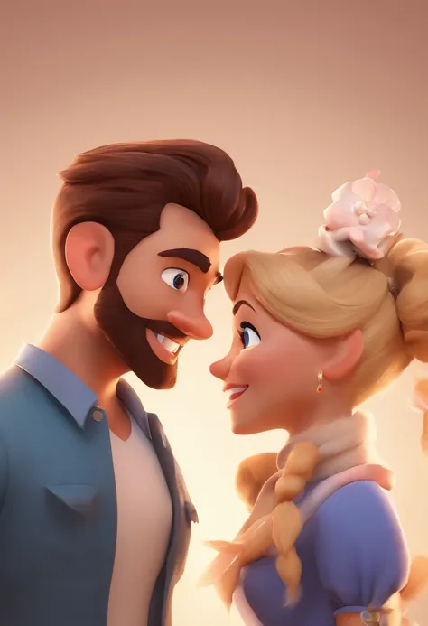 An illustration of an adorable couple, Destacando um homem e uma mulher com beleza, Expressive eyes – the mans hair is bald and brown and he has a full beard, While the womans hair is tied up in a bun and blonde. They are a bright space, Todos com um sorri...